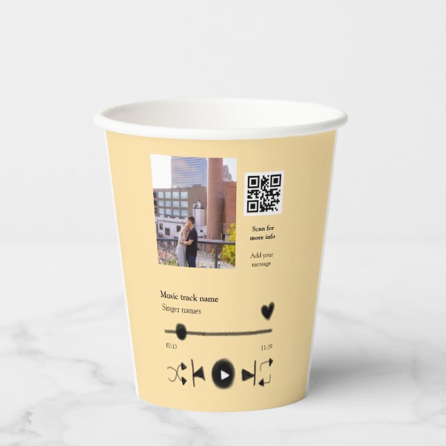 Music player personalized couple love q r code tex paper cups (Front)