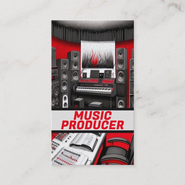 Music Producer Red and Black Business Card (Front)