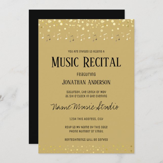 Music Recital Elegant Gold Note Confetti  Invitation (Front/Back)