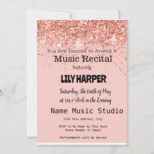 Music Recital Elegant Pink Note Confetti  Invitation (Front)