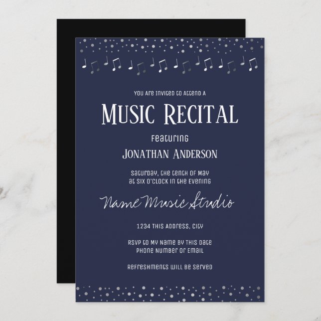 Music Recital Elegant Silver Invitation (Front/Back)
