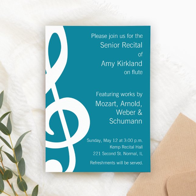 Music Recital Invitation (Custom senior recital invitation template - modern treble clef)