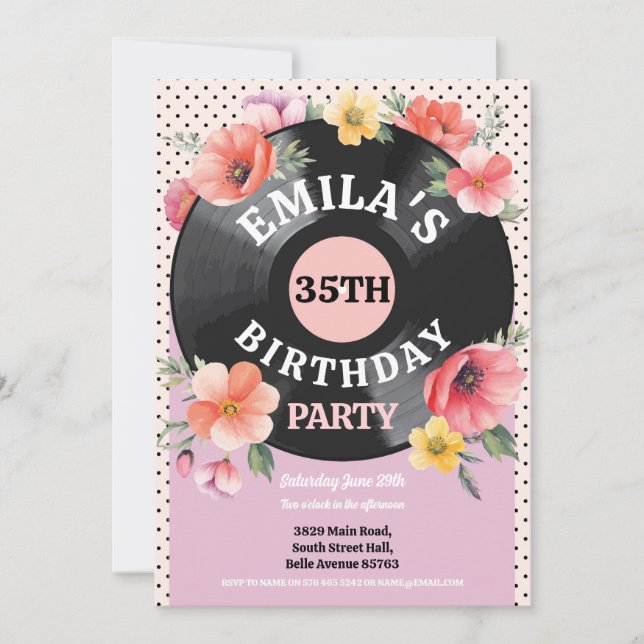Music Record Birthday Floral 1950s Womens Invitation (Front)