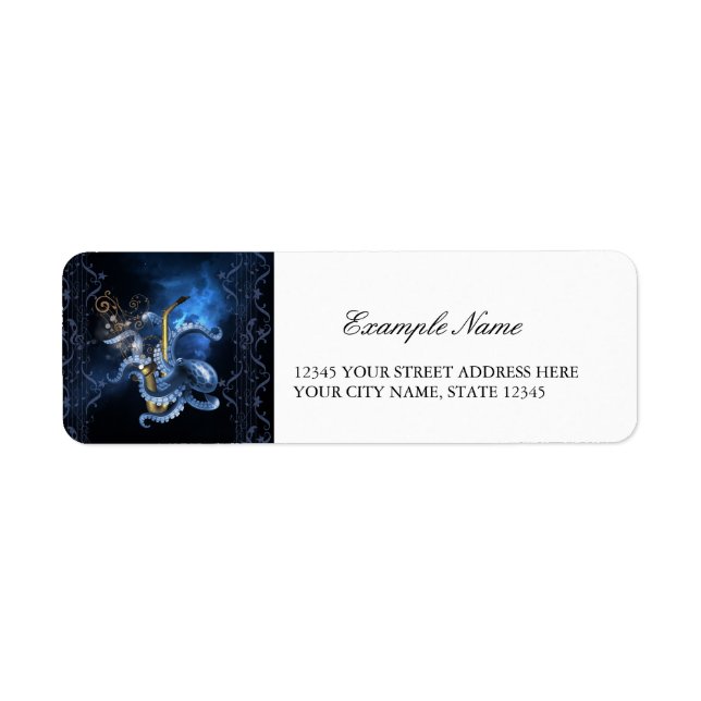 Music saxophone with octopus return address label (Front)