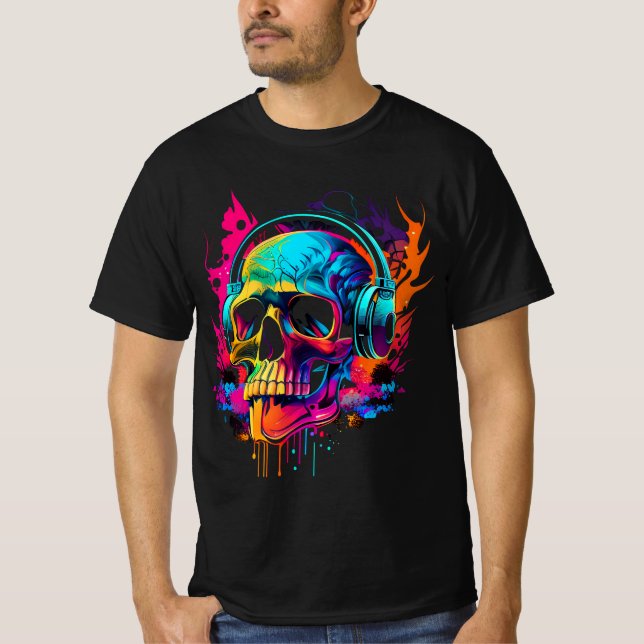 Music skull Bold 80's Retro Synthwave Graphic Tee (Front)