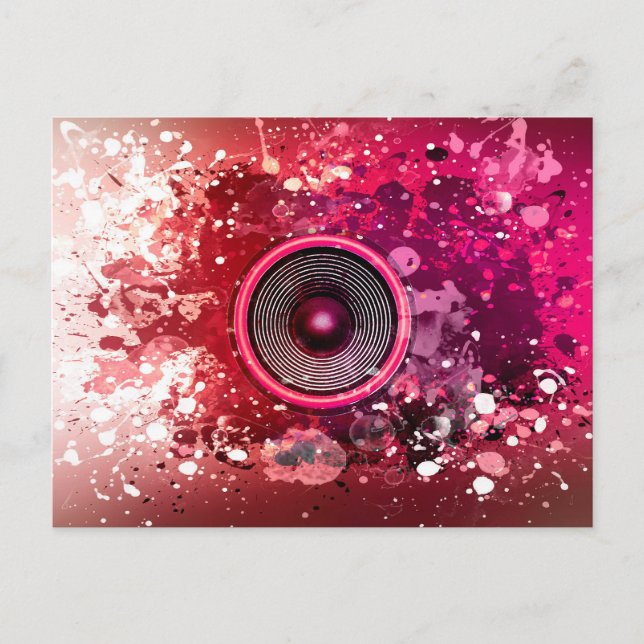 Music speaker and paint splatters postcard (Front)