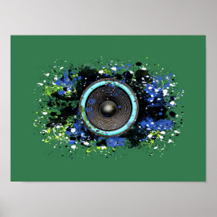 Music speaker and splattered paint poster