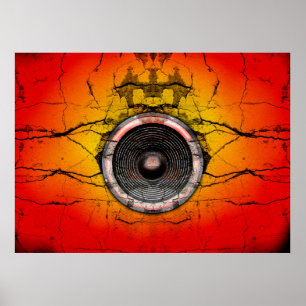 Music speaker on a cracked wall poster