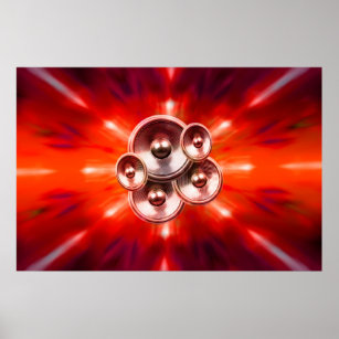 Music speakers and red party lights poster