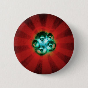 Music speakers and red sunburst 6 cm round badge