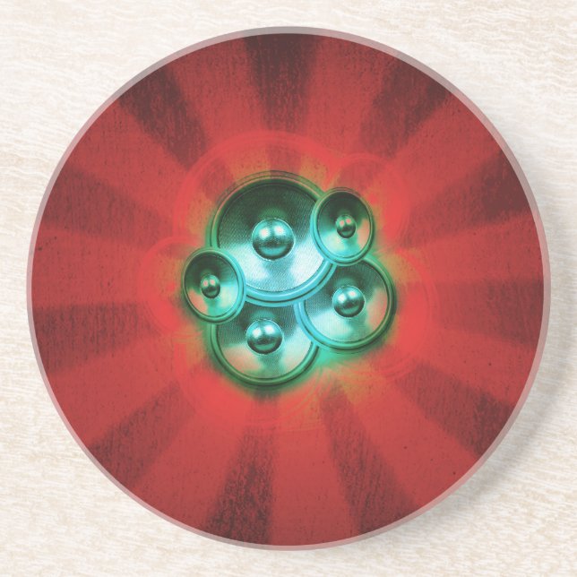 Music speakers and red sunburst coaster (Front)