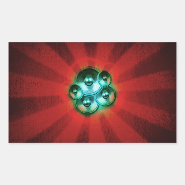 Music speakers and red sunburst rectangular sticker (Front)