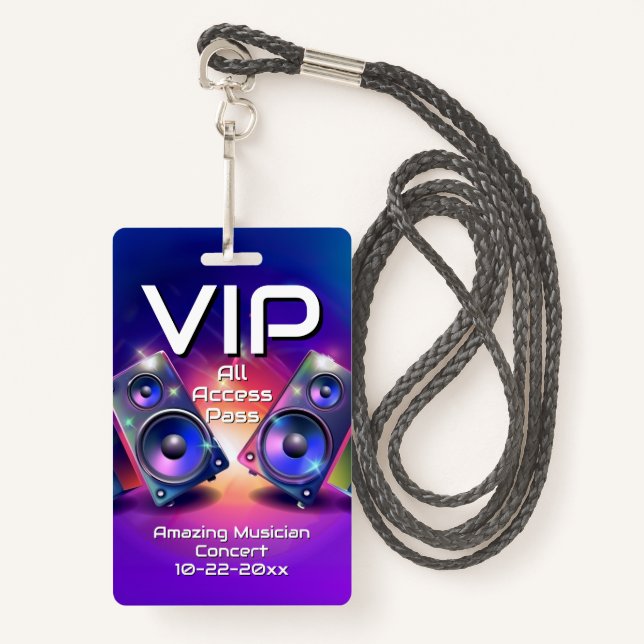 Music Speakers VIP All Access Custom Concert Badge ID Badge (Front with Lanyard)