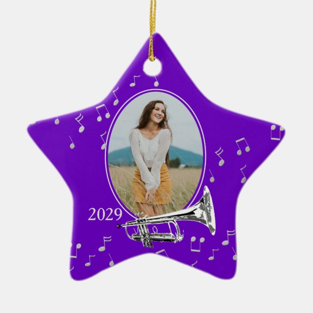 Music Star Purple with Trumpet Ceramic Ornament (Front)