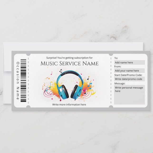 Music Subscription Gift Certificate Template (Front)