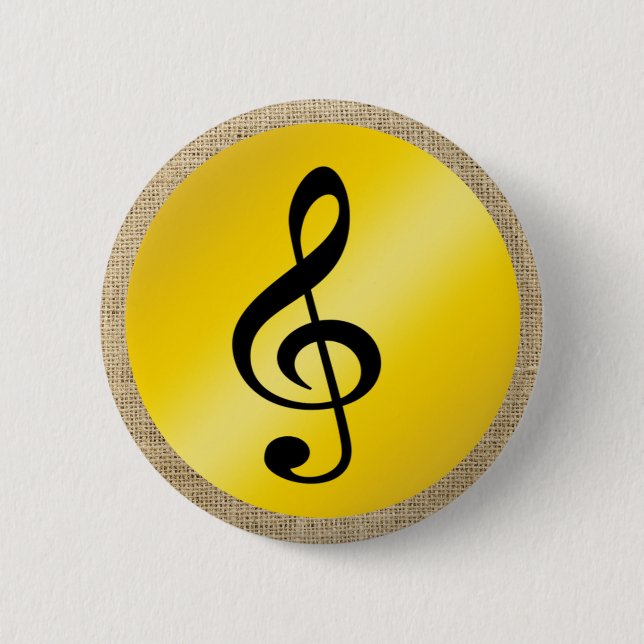 Music Symbol Clef Notes in Burlap Gold Black 6 Cm Round Badge (Front)