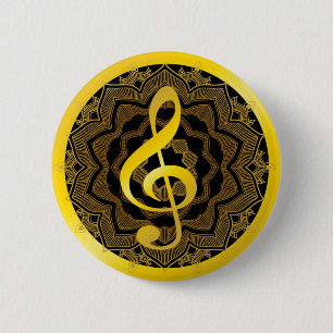 Music Symbol Clef Notes in Gold Black Mandala Art 6 Cm Round Badge