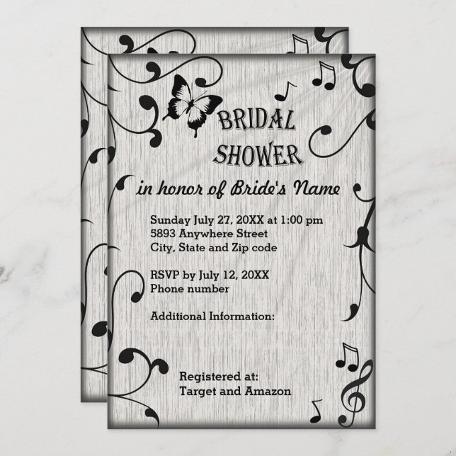Music Symbols, Leaves, Grey Bridal Shower invite (Front/Back)
