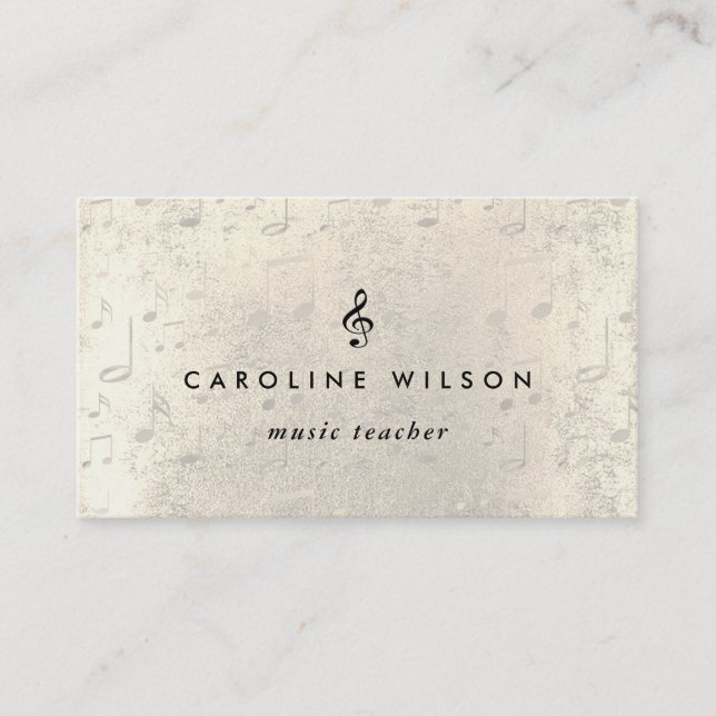 music teacher black treble clef on faux gold notes business card (Front)