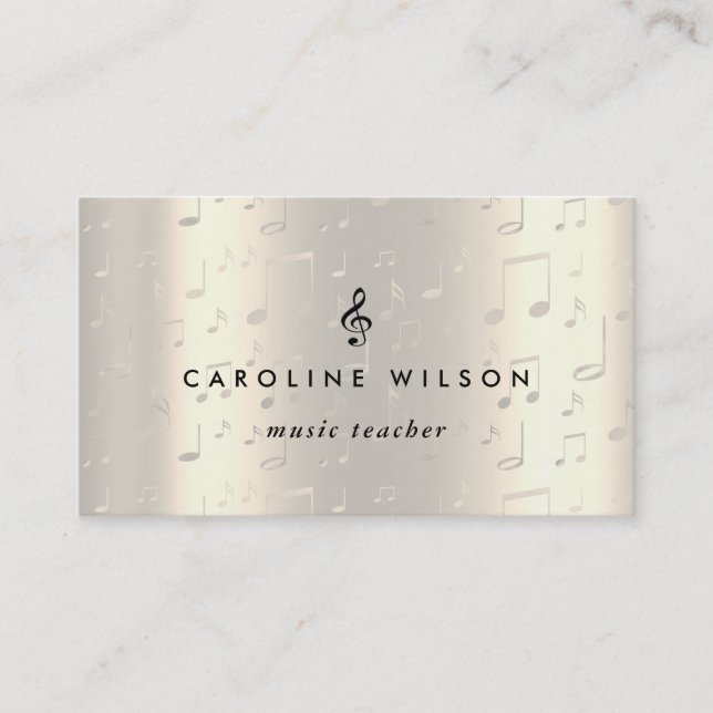 music teacher black treble clef on faux metal business card (Front)