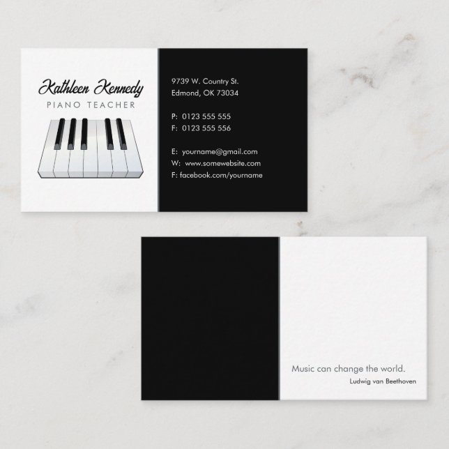 Music Teacher | Black White Piano Keys Business Card (Front/Back)