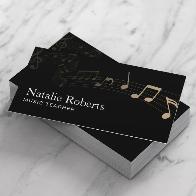 Music Teacher Elegant Music Note Plain Black Business Card (Creator Uploaded)