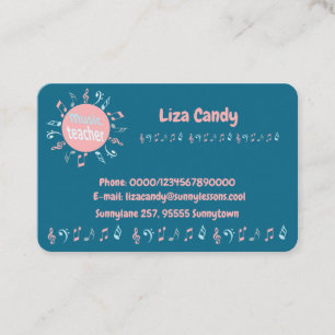 Music teacher elegant notes blue background business card