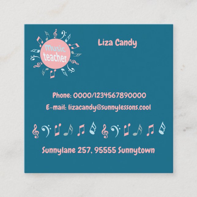 Music teacher elegant notes blue background square business card (Front)