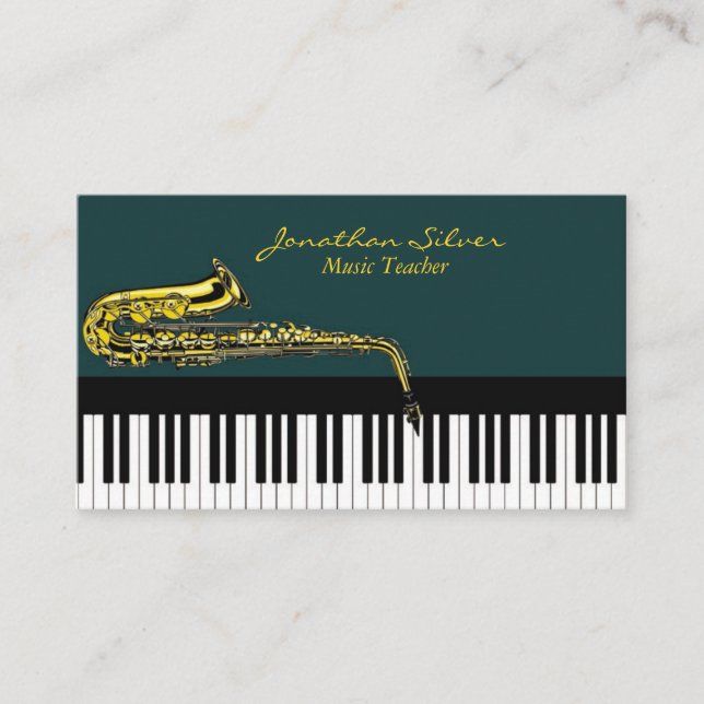 Music Teacher Elegant Piano Keys & Saxophone Business Card (Front)