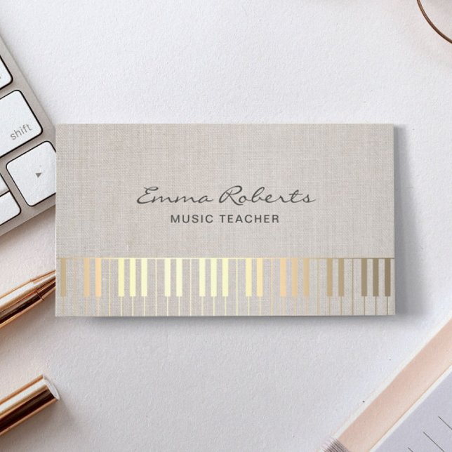 Music Teacher Gold Piano Musical Elegant Linen Business Card (Creator Uploaded)