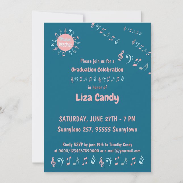 Music teacher grad party notes blue background invitation (Front)
