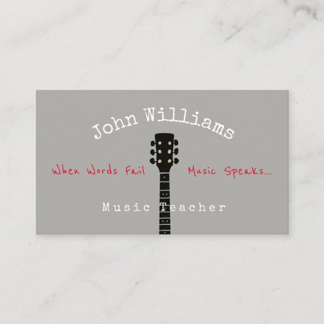 music teacher grey business card + guitar neck (Front)