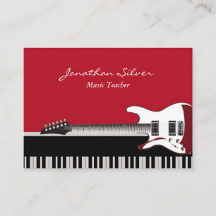 Music Teacher Guitar & Piano Red Black and White Business Card