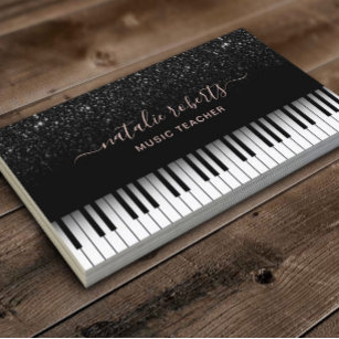 Music Teacher Modern Black Glitter Piano Keys Business Card