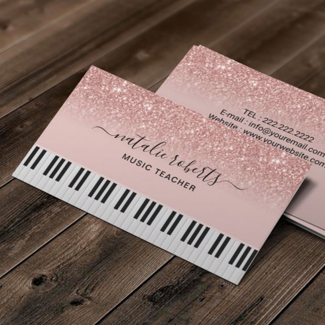 Music Teacher Modern Rose Gold Glitter Piano Keys Business Card (Creator Uploaded)