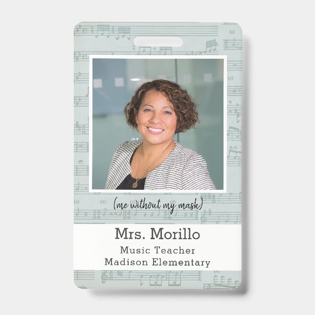 Music Teacher Photo ID Badge smile behind mask (Front)