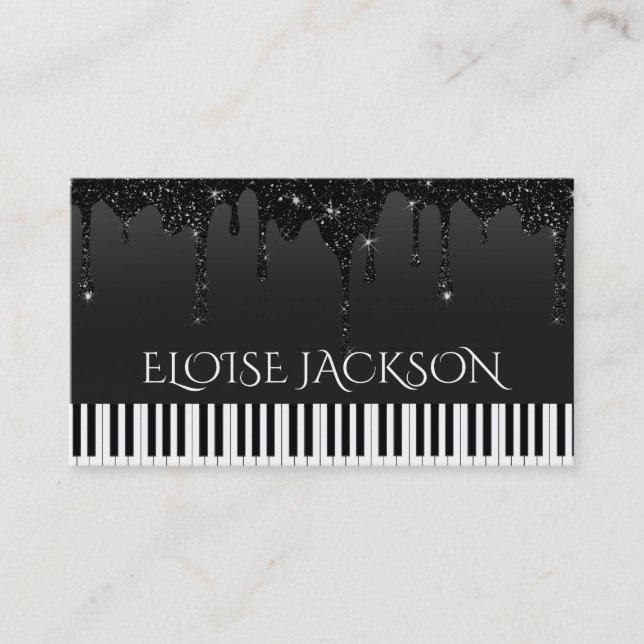 music teacher pianist black glitter business card (Front)
