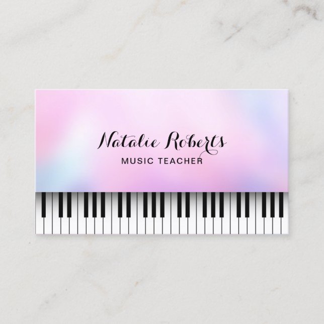 Music Teacher Piano Keys Elegant Dreamy Pink Ombre Business Card (Front)