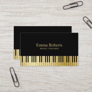 Music Teacher Piano Keys Modern Black & Gold Business Card