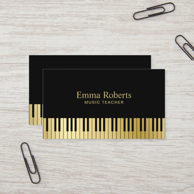 Music Teacher Piano Keys Modern Black & Gold Business Card (Front/Back In Situ)