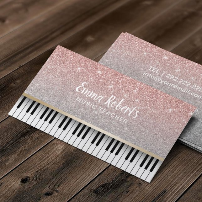 Music Teacher Piano Keys Modern Rose Gold Glitter Business Card (Creator Uploaded)