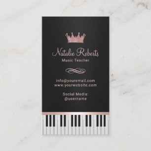 Music Teacher Piano Keys Rose Gold Crown Business Card