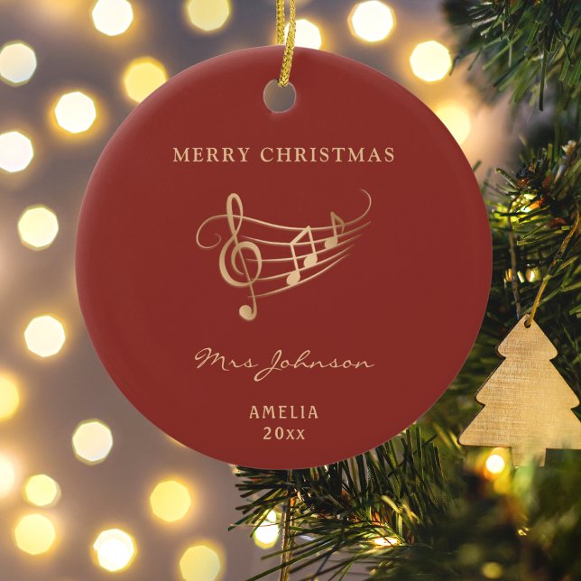 Music Teacher Red Gold Elegant Christmas Ceramic Ornament (Creator Uploaded)