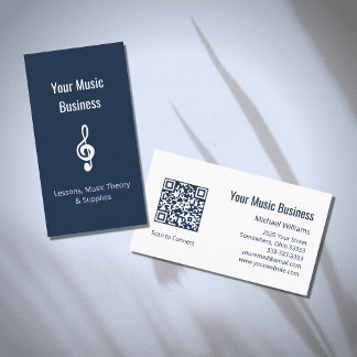 Music Teacher Treble Clef QR code Navy Blue Business Card