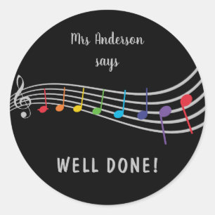 Music Teacher Well Done Rainbow Notes Reward Classic Round Sticker