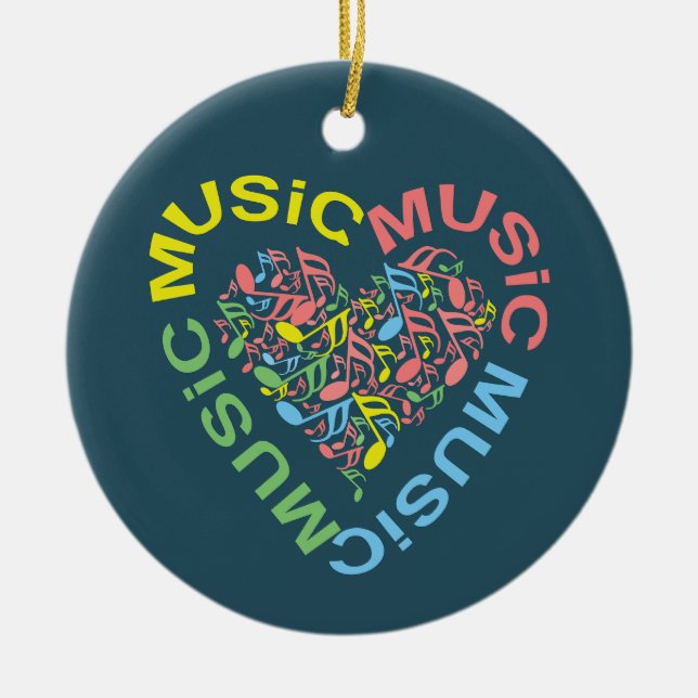 Music Text Heart Notes Ceramic Ornament (Front)