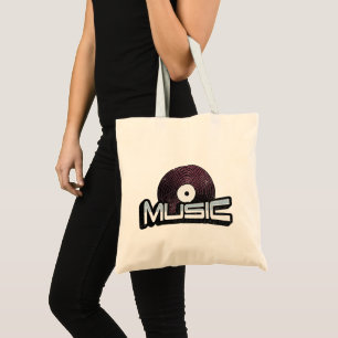 Music text with vinyl record tote bag