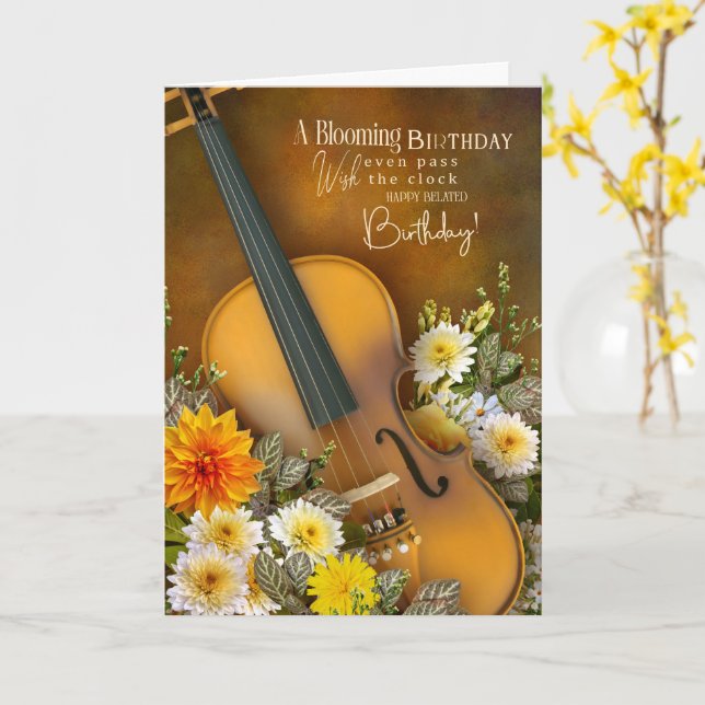 Music Theme Belated Birthday Card – Violin (Yellow Flower)
