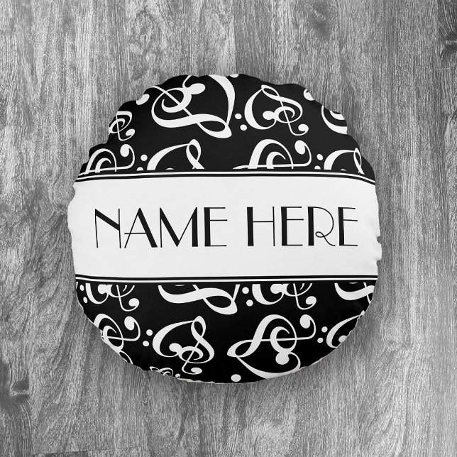 Music Theme Black And White Decorative Round Cushion (Creator Uploaded)