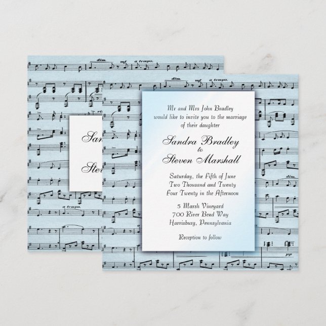 Music Theme Wedding Blue Sheet Music Invitation (Front/Back)